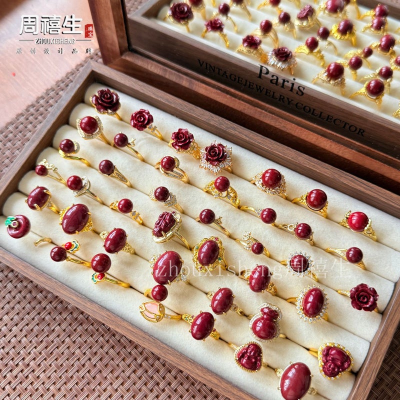 Natural Cinnabar High-Content Purple Gold Sand Inlaid Full Diamond Cinnabar Ring With A High-End Feel For Women, Available In Multiple Styles With Adjustable Fit - Image 2